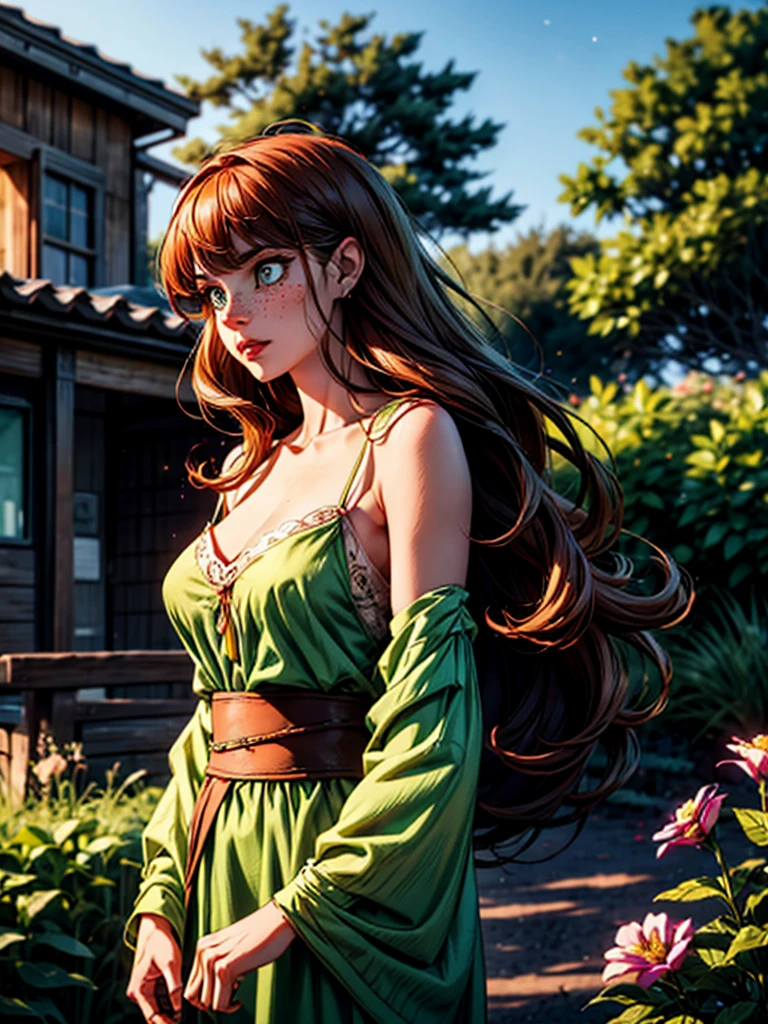 Luma is a elegant person, she is beautiful And have a strong posture, she has breasts that have a voluminous proportion, a pear feminine silhouette, Auburn hair, long Auburn hair, She has expressive eyes, ( Only eyes olive green) Her skin is fair and she has some light freckles on her cheek bones, busty, Farm, Brown rustic clothes, boho clothes, farm boho fashion clothes, romantic vibes, fire lights, fire sparkles, flowers clothes the hair to be half straight and half with curled ends cartoon, sultry look, seductive,
