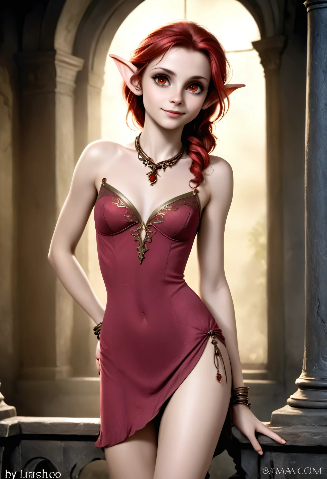 (Realisttic:1.2), analog photo style, (cute goblin wooman looking like elf, intensed red eyes, surrounded by a gloomy antique setting), (her full body s a visual pleasure), faint smile, soft shading expresses beautiful skin texture, sexy and seductive, Graceful curve, an elegant necklace, thin bracelets on the wrist, rich and lustrous hair, three dimensional effect, gloomy dark atmosphere, play of light in the sun rays, a delicate balance between beauty and darkness, faded colours, great quality, Masterpiece, intricate fantasy background, naturally cinematic light, 16k quality, HDR, RAW photo