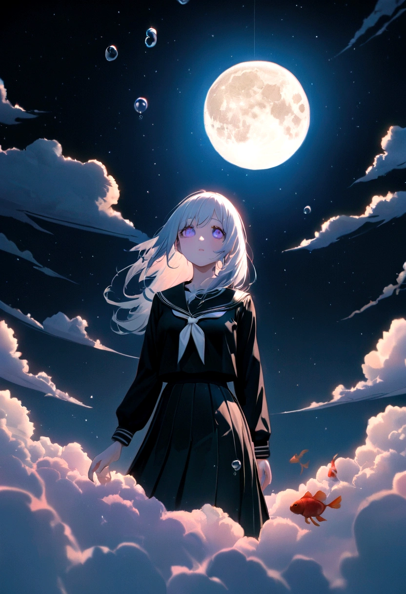 (woman\(student, 20-year-old, adult, Long silver hair floating, Space-colored eyes, school black uniform, Pale skin, Tired face、lack of shine in the eyes\) Looking up at the sky), (Many goldfish are swimming in the air), Beautiful sky, Beautiful Clouds, Colorful summer flowers are blooming everywhere., (Transparent bubbles shine like prisms here and there in the sky), There's a full moon in the sky, woman is at messy downtown, break ,quality\(8K,非常に精細なCGユニットのwallpaper, masterpiece,High resolution,top-quality,top-quality real texture skin,Surreal,Increase the resolution,RAW Photos,最高quality,Very detailed,wallpaper,Cinema Lighting,Ray-tracing,Golden Ratio\),(Long Shot),Wide Shot,