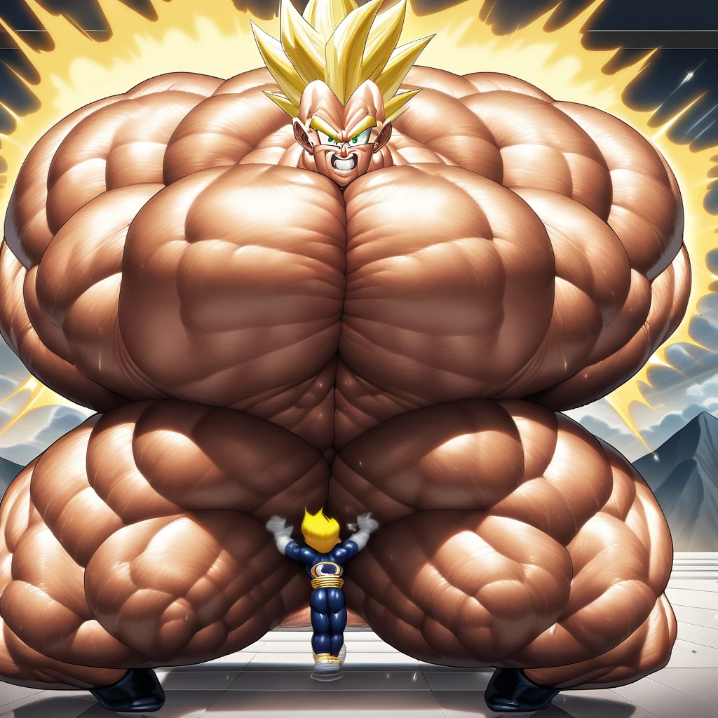 1boy, Vegeta, from Dragon Ball Z, saiyan, (yellow hair:2), spiked hair, green eyes, blue skintight pants, white gloves, white boots with brown tips, good posture, shirtless, nipples, abs, sumo squat, powering up stance, (huge muscles:4), huge pectorals, yellow aura, electricity, (dragonballartstyle:1.5), (in the style of Akira Toriyama:1.5), white tiled floor, outdoors, flat-top mountains, Extreme Wide Shot, masterpiece, best quality, very aesthetic, absurdres, day light, (sumo squat:1.5), (in center of image: 2), (move character three steps back:2), huge arms, (move character 5 meters back:2)