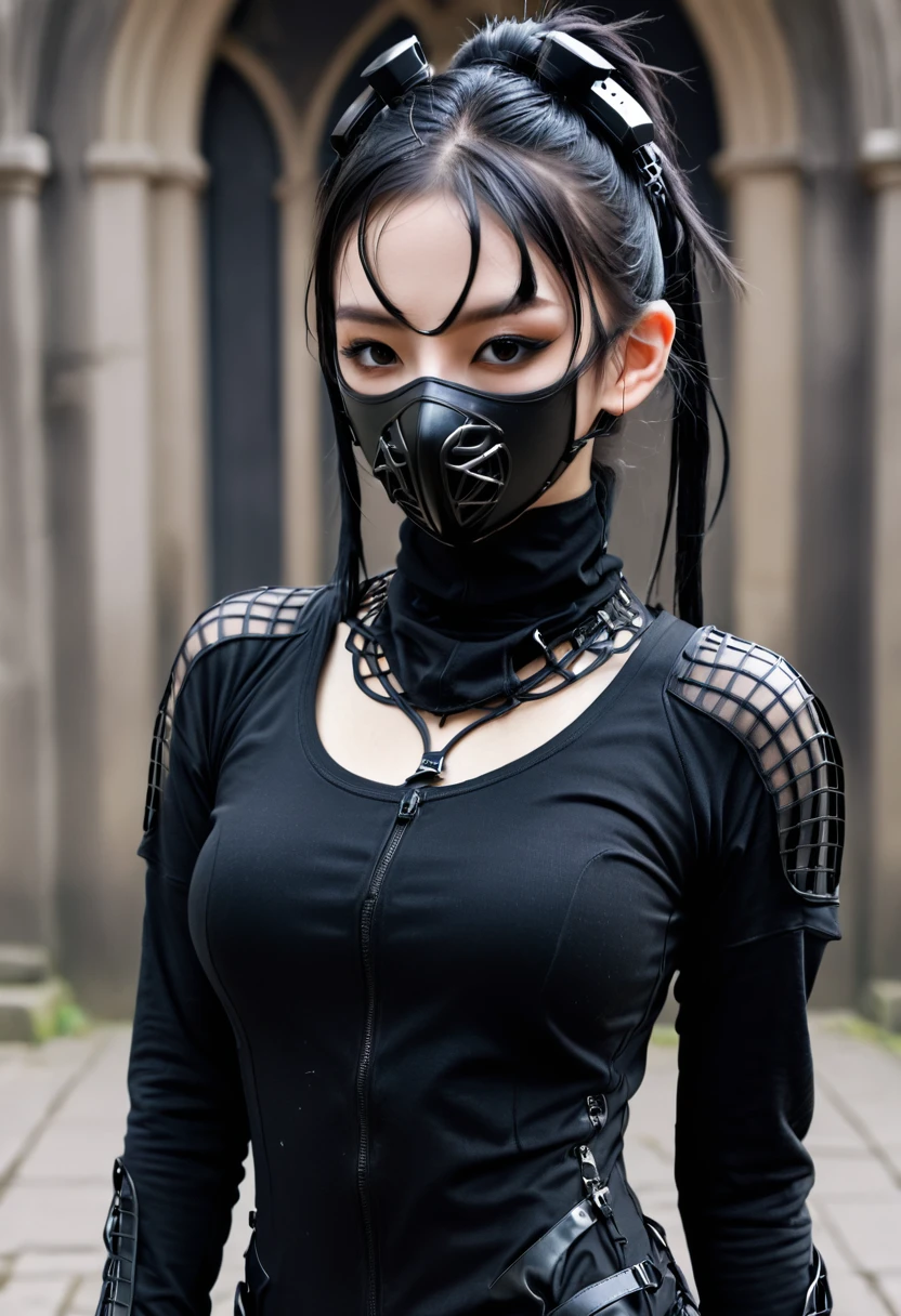 brooke monk in black catsuits with a mask on their face, wearing techwear and armor, anime cuberpunk gothic art, goth ninja, fishnet clothing, goth rave cyberpunk spiderweb clothing