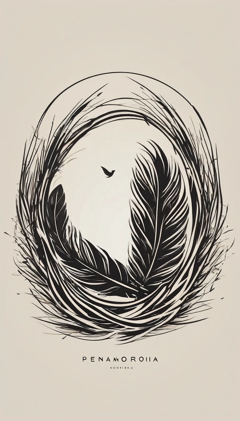 A minimal, modern, simple, cinematic logo design for the brand “Penamemoria". Create a modern, minimalistic, high-quality, logo of a boy inside a nest made of feathers. The logo must be a symbol for dreams, stories, memories, music and imagination.