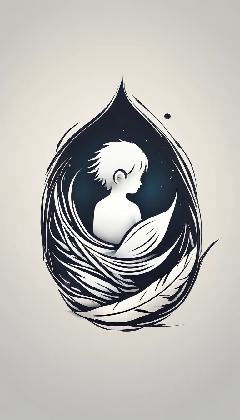 A minimal, modern, simple, cinematic logo design for the brand “Penamemoria". Create a modern, minimalistic, high-quality, logo of a boy inside a nest made of feathers. The logo must be a symbol for dreams, stories, memories, music and imagination.