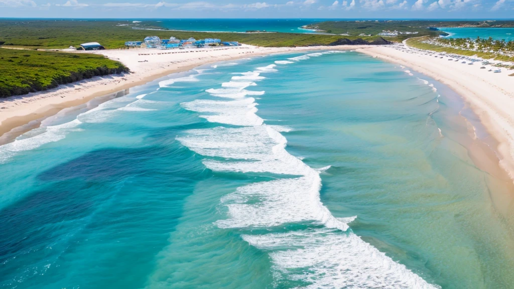 landscape photo 4k high detail beach midday noon sun bright white sand crystal blue water ocean waves surf horizon vanishing point flat