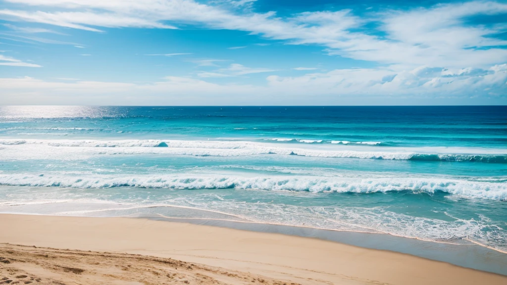landscape photo 4k high detail beach midday noon sun bright white sand crystal blue water ocean waves surf horizon vanishing point flat