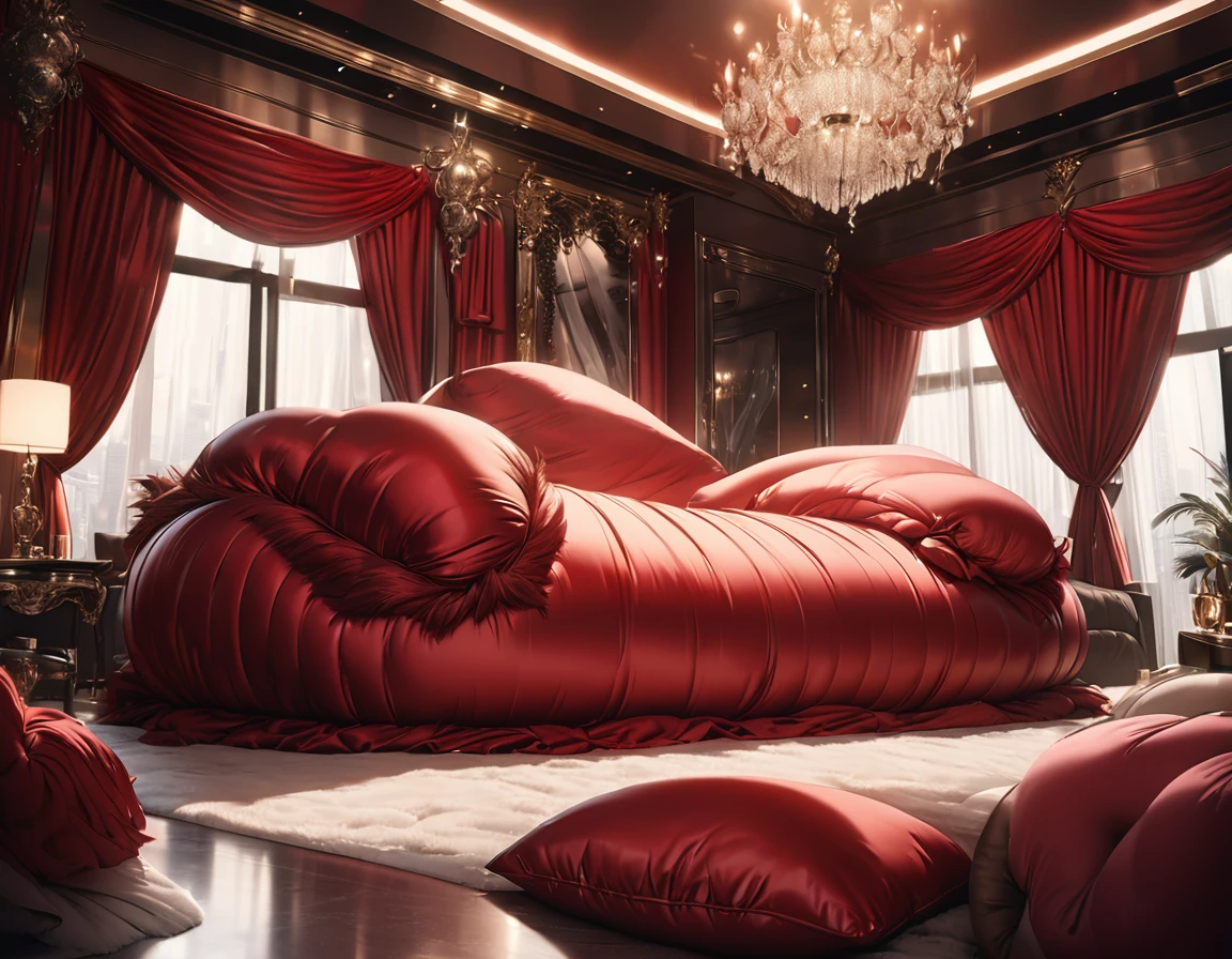 A fluffy red silk feather duvet, many huge silk body pillows, a luxurious and fluffy red silk bed, red silk sheets, 8k, best quality, high detailed, photorealistic, dramatic lighting, warm tones, luxurious, soft, plush, velvet, satin, velvety textures, elegant, sophisticated, premium, lavish, opulent, sumptuous, indulgent, exquisite, refined, lush,