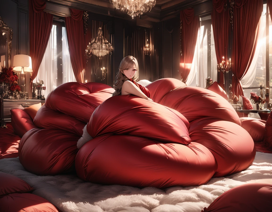 A fluffy red silk feather duvet, many huge silk body pillows, a luxurious and fluffy red silk bed, red silk sheets, 8k, best quality, high detailed, photorealistic, dramatic lighting, warm tones, luxurious, soft, plush, velvet, satin, velvety textures, elegant, sophisticated, premium, lavish, opulent, sumptuous, indulgent, exquisite, refined, lush,