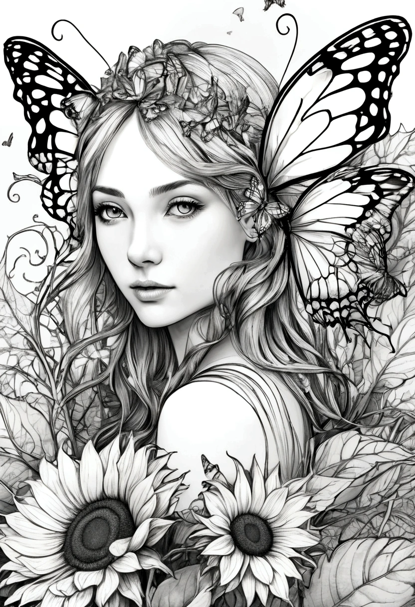 A delicate fairy with butterfly wings resting on a giant sunflower, clean line art, white background, colouring page, clean outline, sketch style, floral frame, decorative panel, abstract ,sketch, character lines and scenes without colors and shadows. (Masterpiece, Best Quality, Highres:1.4), Detailed, Intricate Details, 4K, color splashes, line art