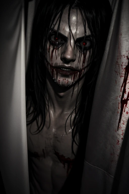 a disturbing horror scene, Jeff the killer taking a shower, hyper realistic, extremely detailed, 8k, high resolution, photorealistic, chiaroscuro lighting, dramatic shadows, menacing expression, intense eyes, blood-stained skin, disturbing atmosphere, unsettling presence, ominous background