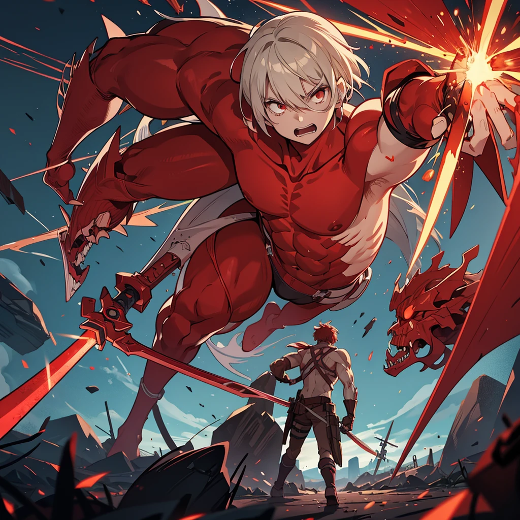 A 20 metre titan from AOT with red and blade skin, bones, a blade attached to its hand and prodcuing electricity through the blade