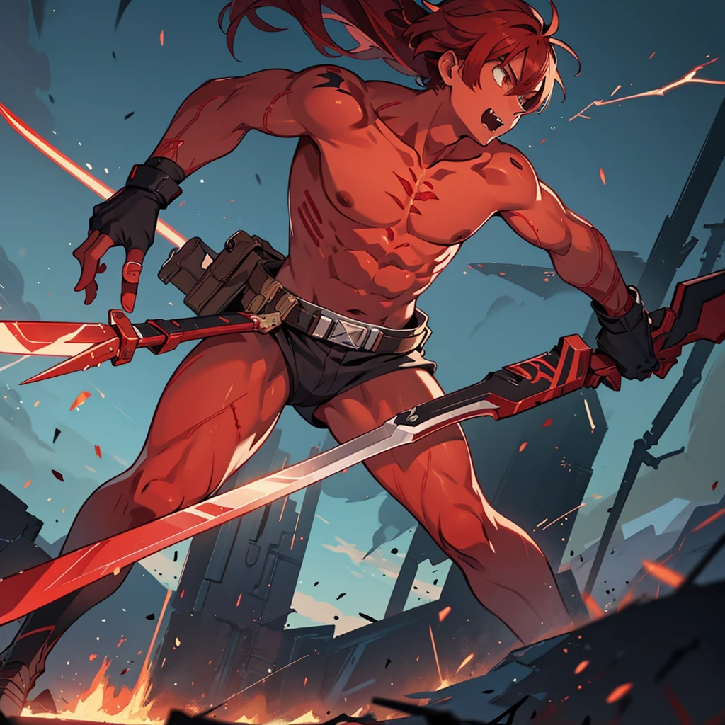A 20 metre titan from AOT with red and blade skin, bones, a blade attached to its hand and prodcuing electricity through the blade