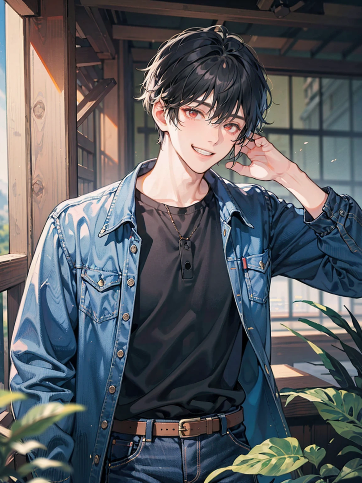 (cowboy shot), (ultra-high resolution, depth of field:1.2), adult, 1male, toned body, short black hair, red eyes, blue denim jacket, black shirt, black denim jeans, grin, Japanese suburbs scenery
