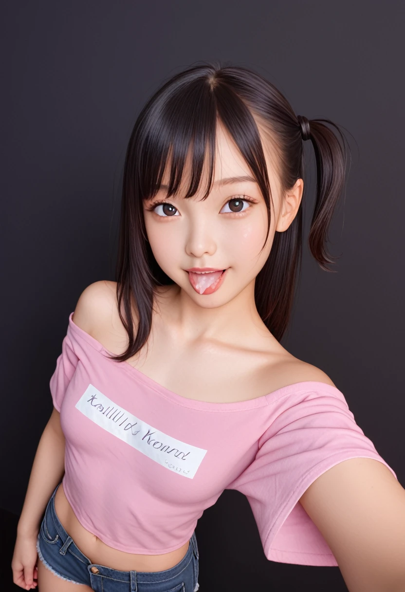ollarbone,pink t-shirt,off-shoulder look,bare shoulder,midriff peek,micro shorts,open mouth,tongue out,cum on tongue,standing,slouch,Selfie,looking ahead,from above,flont view,upper body,(1girl,Beautiful  girl),((Slender,Small breasts,Small face,)),looking at viewer,Black Hair,bangs,one side up,Beautiful and detailed,Mischievous smile,Dimly lit room,Simple Background,Black background,Low lighting
