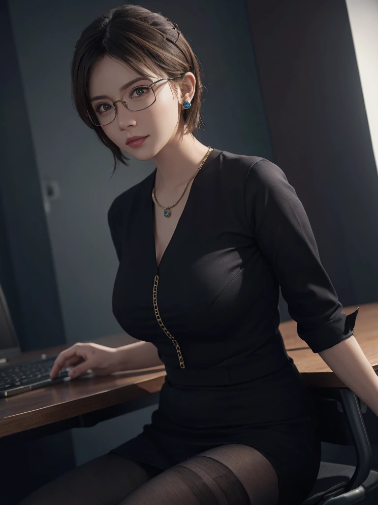 High resolution, Highly detailed photos, Ultra-realistic, Professional Lighting, Octane Rendering, Detailed bust, Detailed face, Detailed skin texture, Look at the viewers, 8k wallpaper, Tabletop, Highest quality, One Girl, short hair, business suit, Office Lady Costume, Glasses, Earrings, necklace, pantyhose, Large Breasts, Photorealistic, Put your arms down, Breasts pressed together