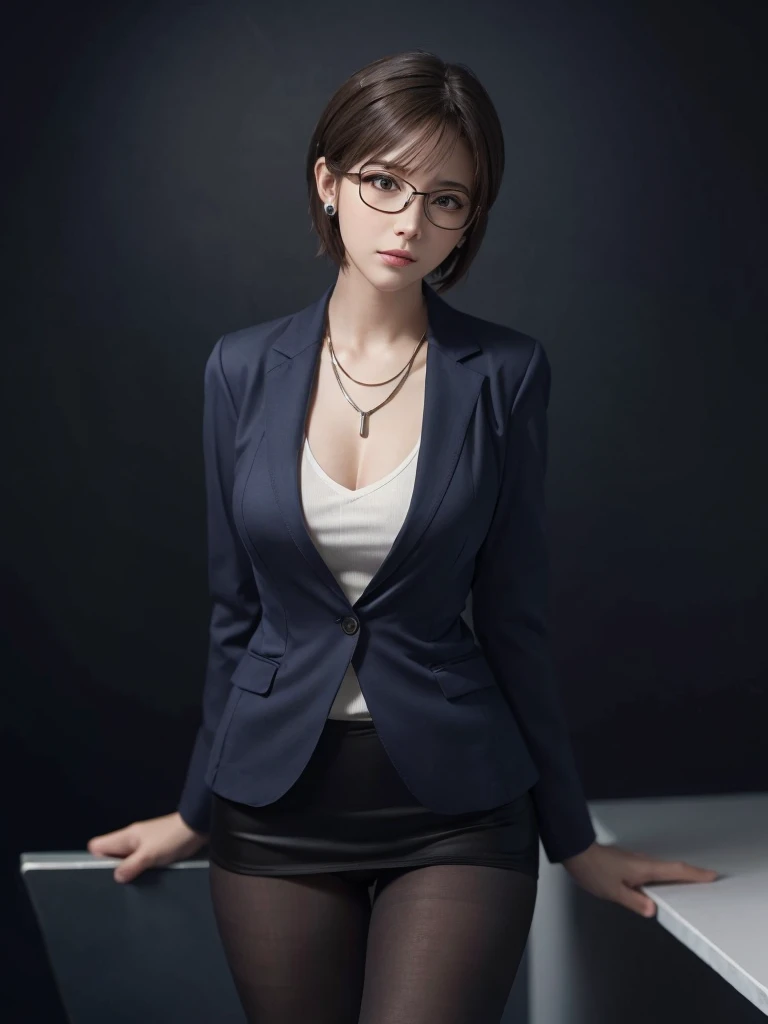 High resolution, Highly detailed photos, Ultra-realistic, Professional Lighting, Octane Rendering, Detailed bust, Detailed face, Detailed skin texture, Look at the viewers, 8k wallpaper, Tabletop, Highest quality, One Girl, short hair, business suit, Office Lady Costume, Glasses, Earrings, necklace, pantyhose, Large Breasts, Photorealistic, Put your arms down, Breasts pressed together