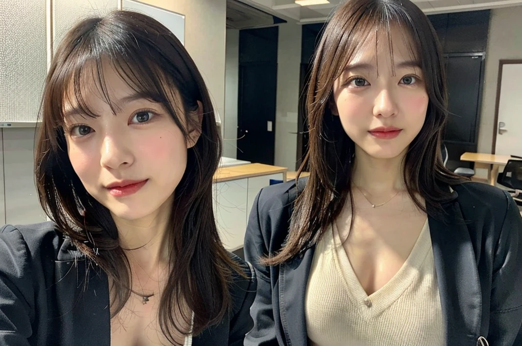 Emphasized breasts、The valley is visible、白いシャツの上からBlack jacket、Black jacket、Poses that emphasize cleavage、Very large breasts、Big Breasts、ボタンシャツからThe valley is visible、Japanese office lady clothes、Photographed in natural light、Highly detailed face and skin texture、Highly detailed lips、The correct state of the human body、Ultra-high resolution、(Photorealistic:1.4)、Highest quality, One beautiful woman, 30 years old, s, Selfie with mobile phone、Selphy、Office Style Background,Concrete Background、Tile Background、(Dark brown long hair)、Black-haired、Long hair Japanese woman、(Dark brown hair)、Various poses、profile、Natural color lip、Spring Clothes、 necklace