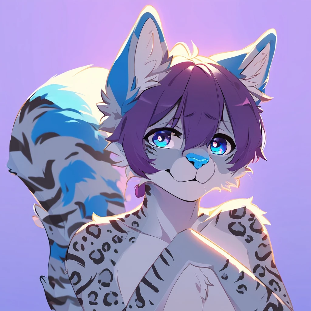 adult, feline, mammal, anthro, anthropomorphic, snow, leopard, striped_feline, fur, furred_anthro, fluffy_tail, femboy, male, bangs, ear_tufts, blue_nose, blue_fingers, hair_tuft, hair_between_eyes, long_tail, fluffy, feline_ears, expressive_eyes, purple hair, light, looking_at_viewer, thighs, blue_paws, paws, blue_fur, shy, small_pupils, spotted_pattern, stripes, tail, tiger_stripes, digital_art, high_resolution, high_res, purple_blue_background, gradient_background, profile_picture, head_visible, body_visible
