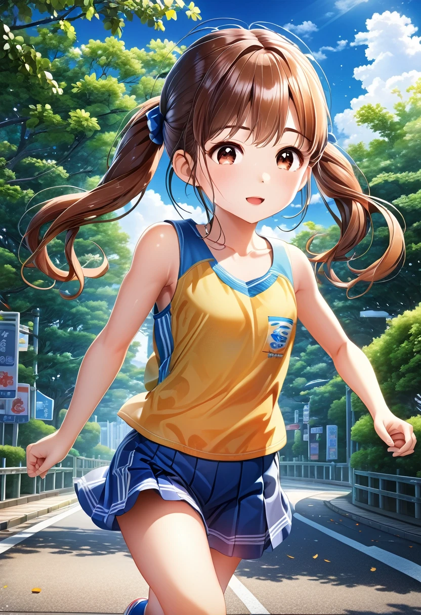 Highest quality、High resolution、Detailed Background、(Beautiful face in every detail:1.4)、Anatomically correct、(Detailed facial expressions)、(fine grain:1.2)、 (aerial view:1.5), Teenage Beauty、Cute hair color、Braided Ponytail、Braided bob cut、Braided twin tails、Lower grade primary school students, (Tank top、Vneck、mini skirt、Cute Shoes)、Perfect body line、(Running for his life:1.5、Sprinting:1.5)、I have tears in my eyes:1.5、Screaming and looking like she's about to cry)、(A 3m snail is chasing me from behind:1.5)、(Many frogs cheering from both sides of the road:1.5),