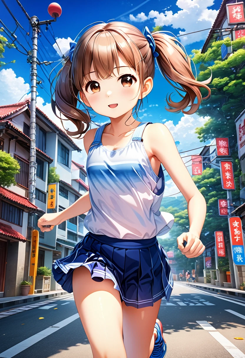 Highest quality、High resolution、Detailed Background、(Beautiful face in every detail:1.4)、Anatomically correct、(Detailed facial expressions)、(fine grain:1.2)、 (aerial view:1.5), Teenage Beauty、Cute hair color、Braided Ponytail、Braided bob cut、Braided twin tails、Lower grade primary school students, (Tank top、Vneck、mini skirt、Cute Shoes)、Perfect body line、(Running for his life:1.5、Sprinting:1.5)、I have tears in my eyes:1.5、Screaming and looking like she's about to cry)、(A 3m snail is chasing me from behind:1.5)、(Many frogs cheering from both sides of the road:1.5),