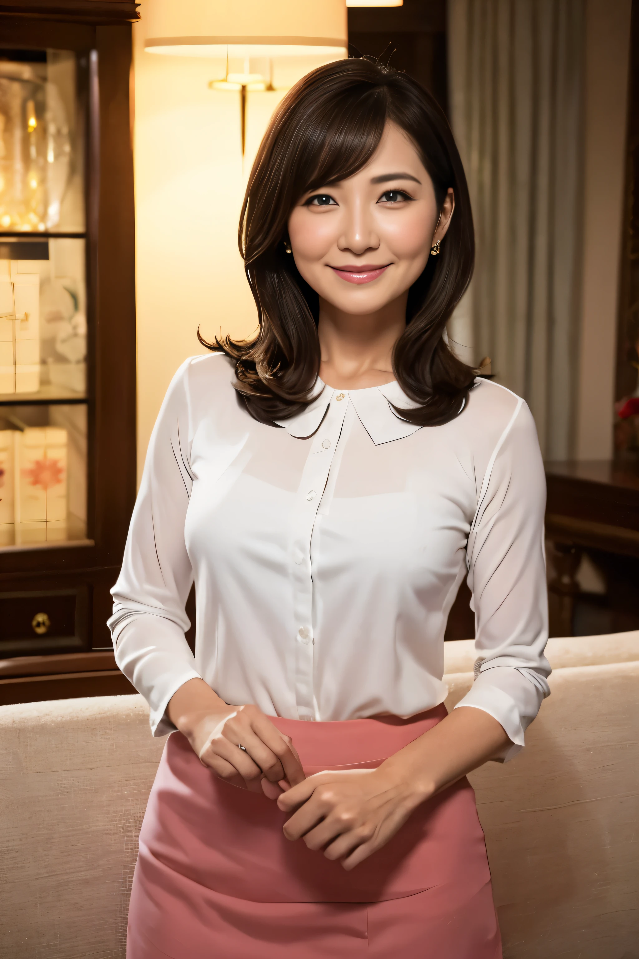 photorealistic, detailed, 1 beautiful housewife, 44yo, transparent brilliant sparkle eyes, long eyeshed, bold nasolabial folds, smile, white shirt, skirt, jewelryless,