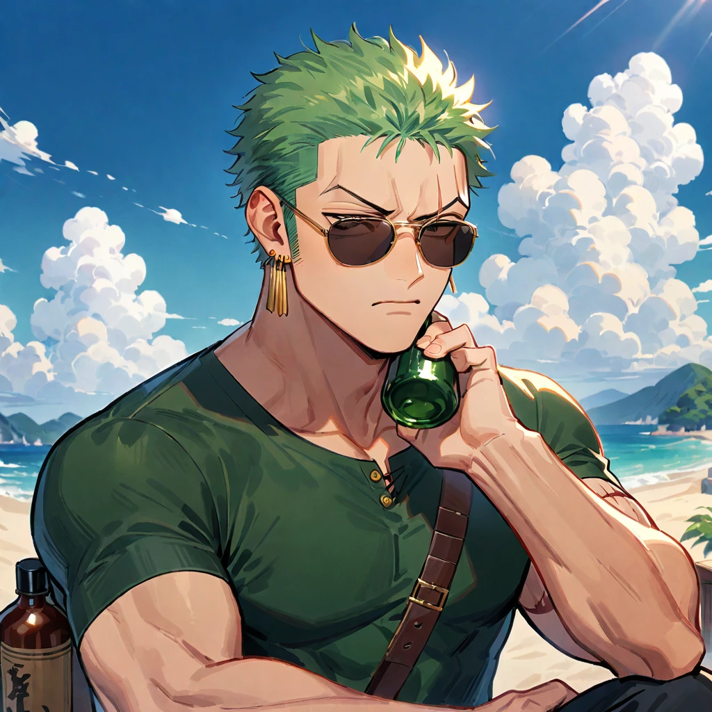 male focus, 1boy, roronoa zoro, solo, scar across eye, green hair, jewelry, earrings, short hair, scar, sunglasses, cloud, scar on face, sky, holding bottle, bottle, upper body, sideburns, shirt, holding, looking at viewer, ((medium quality)), ((medium quality))