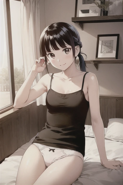 View your viewers,
Black Hair,(Tied Hair,Blunt bangs:1.2), Small breasts, blush、smile、Lie、
((camisole、Panties)), (Highest quality:1.3),One girl、Western-style room、Bed