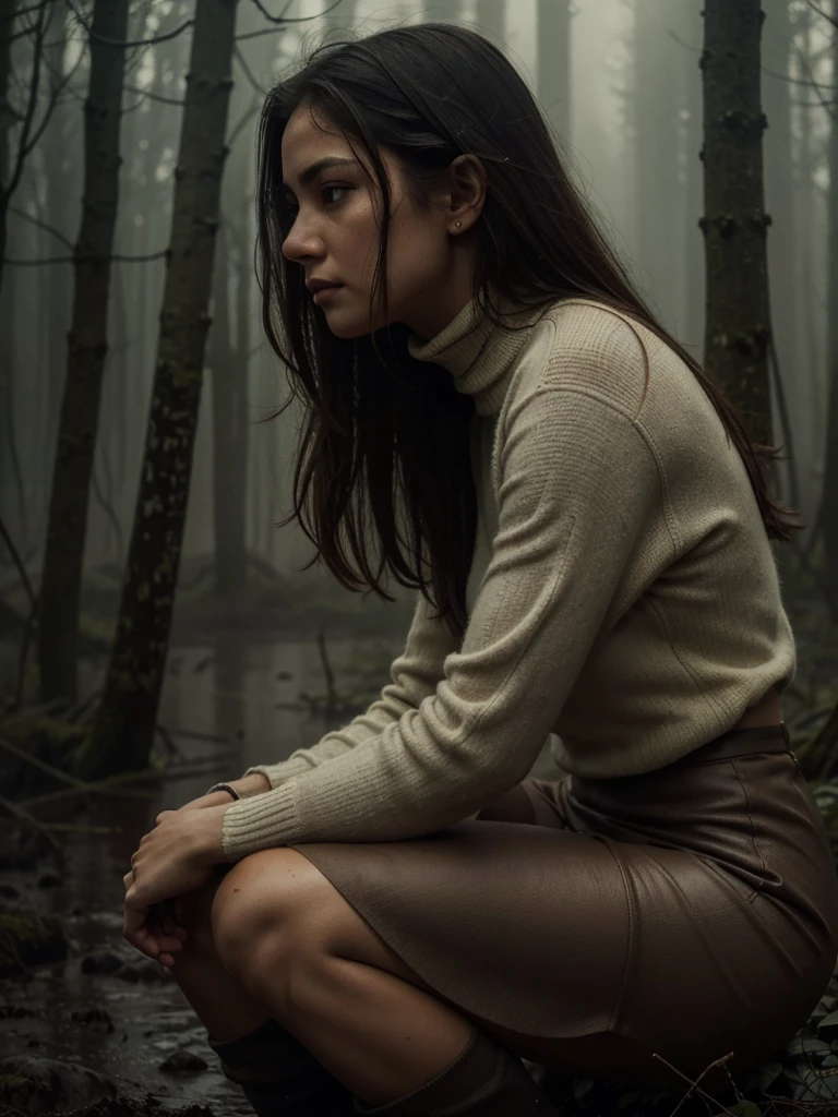 8k, ultra-detailed, documentary drama photo, grainy film photo, side view, close-up, masterpiece, muted colors, muffled light, dusk, rainy, moody, woman drowning in forest mud bog, shame expression, stockings, messy pencil skirt, light turtleneck, beautiful long brunette hair, depraved outfit,