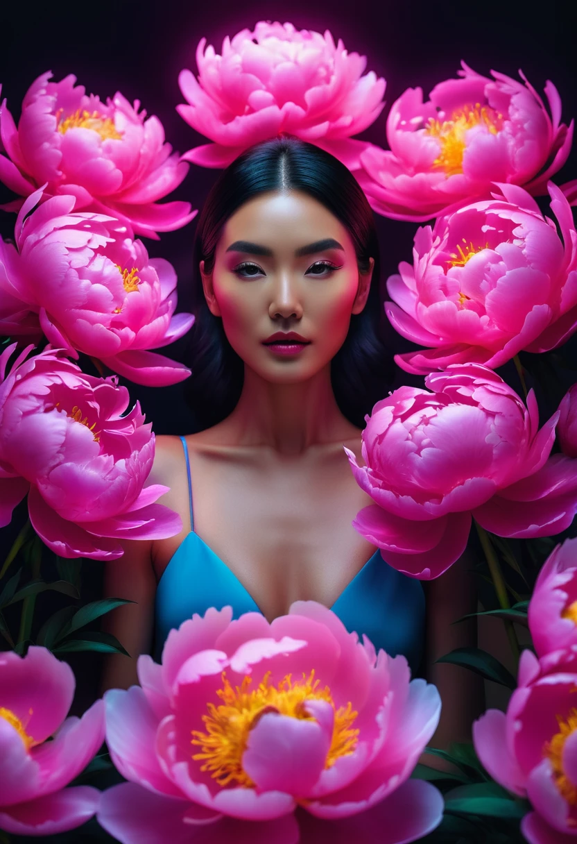 a woman with glowing neon peonies ultra detail, perfect symmetry, 4k flawless skin, photo captured by an Arriflex 35BL camera using Canon K25 prime lenses, cinematic, dramatic lighting, ultra clear, breathtaking surreal masterpiece. sensual pose
