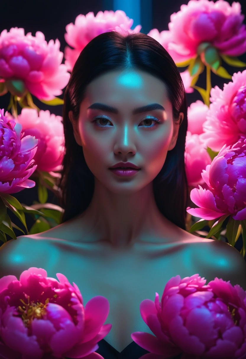 a woman with glowing neon peonies ultra detail, perfect symmetry, 4k flawless skin, photo captured by an Arriflex 35BL camera using Canon K25 prime lenses, cinematic, dramatic lighting, ultra clear, breathtaking surreal masterpiece. sensual pose