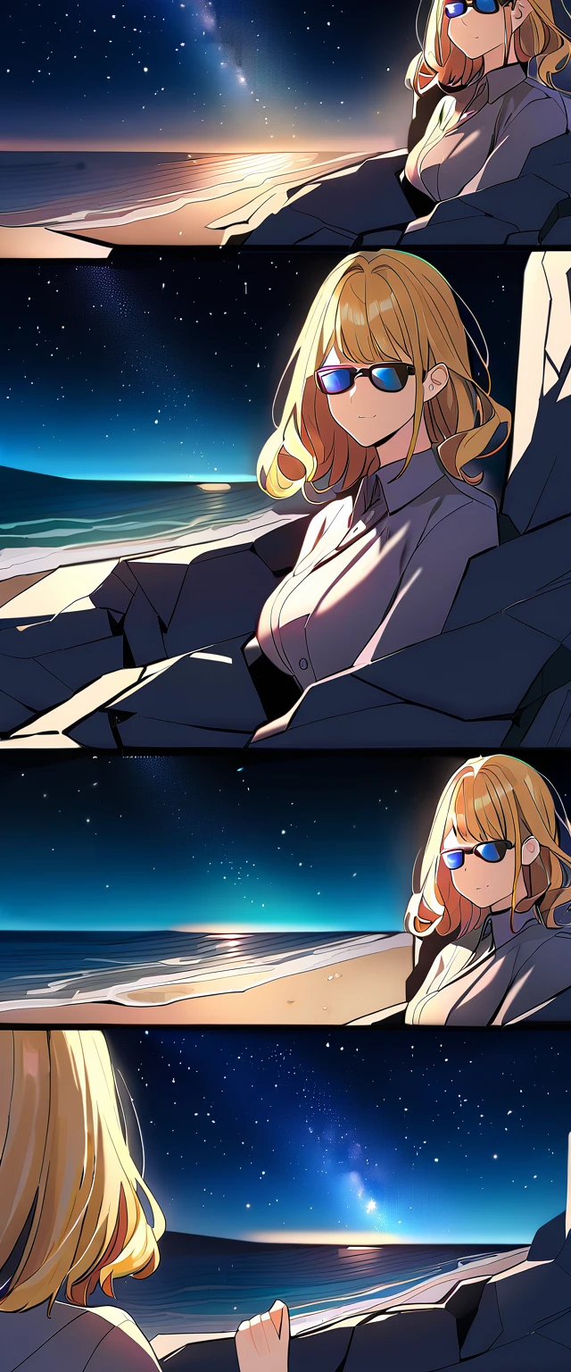 (((a starry sky, the Milky Way shining beautifully in the night))), ((bare legs)), (((sunglasses, hand to sunglasses))), (((cowboy shot))), from side, ((sitting on the very high cliff)), ((wavy hair, inward curled hair)), ((sea, beach)), ((blond hair, bob cut:1.3)), breasts, ager, (looking at viewer), oversized clothes, puffy long sleeves, ((off-shoulder sweater:1.3, Quite thick shoulder straps)), ((black sweater)), collarbone, head tilt:1.3, (((blue eyes))), ((happy smile)), (((anime style))), (best quality, 4K, 8K, highres, masterpiece:1.2, ultra-detailed, ultra-detailed eyes, HDR, uhd, studio lighting, ultra-fine painting, sharp focus, physically-based rendering, extreme detail description, professional, vivid colors, bokeh)