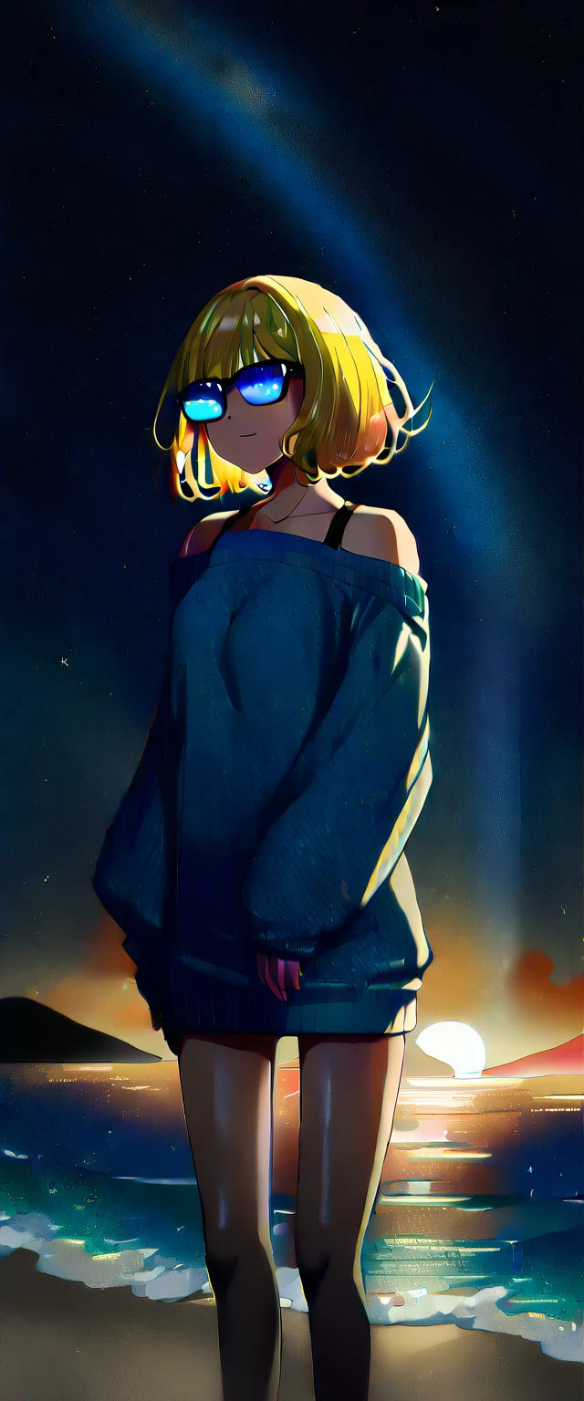 (((a starry sky, the Milky Way shining beautifully in the night))), ((bare legs)), (((sunglasses, hand to sunglasses))), (((long shot))), from behind, ((wavy hair, inward curled hair)), ((sea, beach)), ((blond hair, bob cut:1.3)), breasts, teenager, (looking at viewer), oversized clothes, puffy long sleeves, ((off-shoulder sweater:1.3, Quite thick shoulder straps)), ((black sweater)), collarbone, head tilt:1.3, (((blue eyes))), ((happy smile)), (((anime style))), (best quality, 4K, 8K, highres, masterpiece:1.2, ultra-detailed, ultra-detailed eyes, HDR, uhd, studio lighting, ultra-fine painting, sharp focus, physically-based rendering, extreme detail description, professional, vivid colors, bokeh)
