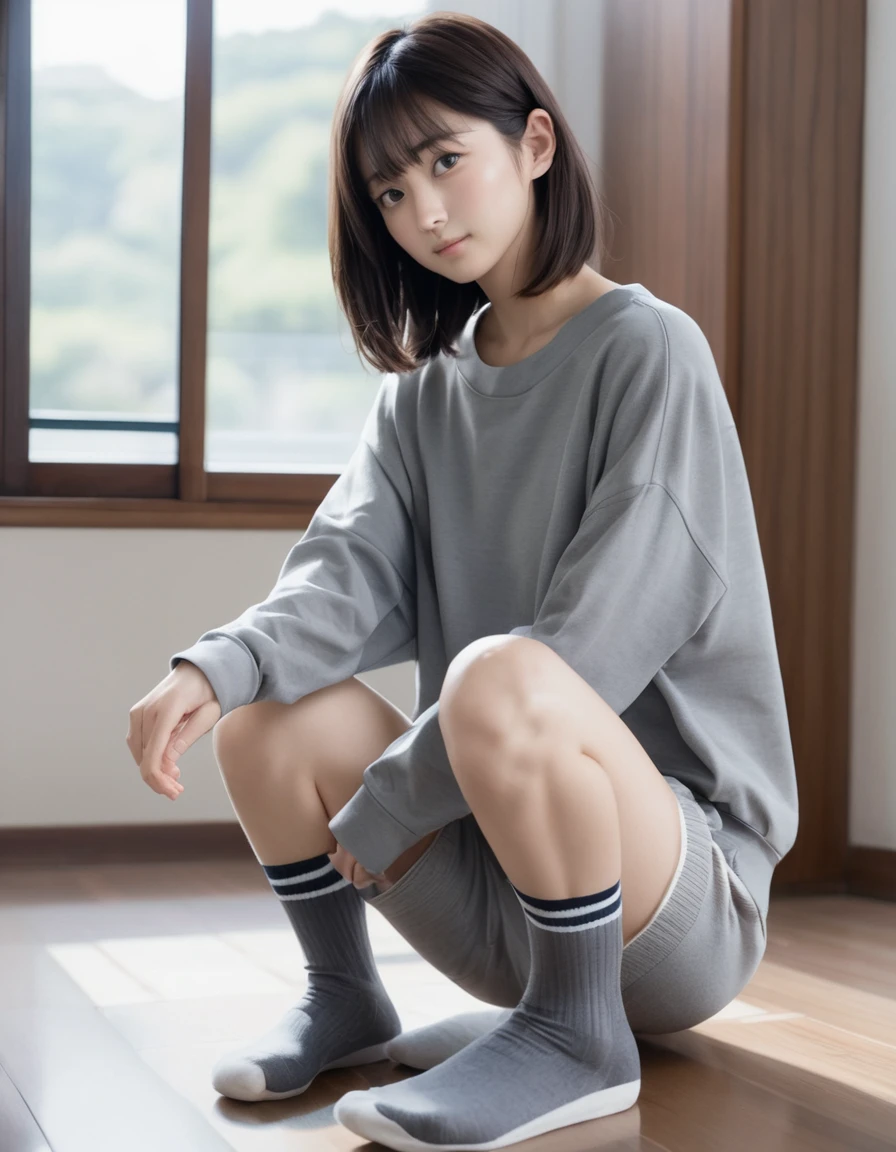 ((((Flat Chest)))),((1 Girl)),((alone)),((Highest quality)), (masterpiece),((High resolution)),beautiful girl,model,Japanese,(No makeup),Medium Bob,Brown Hair,Perfect body,Small and perfect nipples,Random Background,Grey sweatshirt shorts、Knee-high socks、ニーKnee-high socks