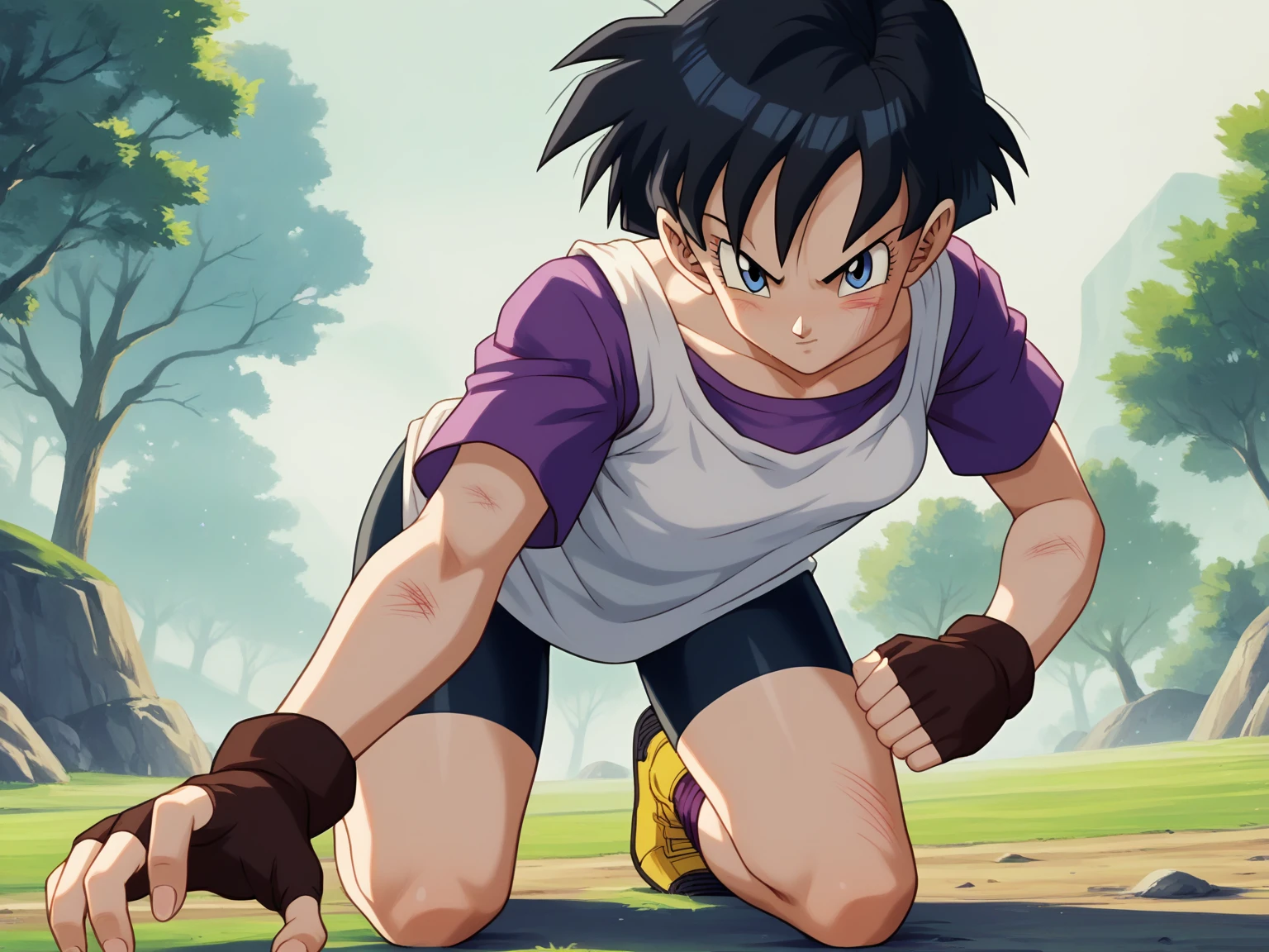 Videl, 1girl,  blue eyes, shadows,  blue eyes, short hair, spiked hair, white shirt, purple shirt,  masterpiece, best quality,  absurdres, perfect lighting, score_9,  score_8_up, score_7_up source_anime, fighting pose, fingerless gloves, bike shorts, open field, trees, rocks, looking at viewer, scratches, doggystyle, Showing her ass 