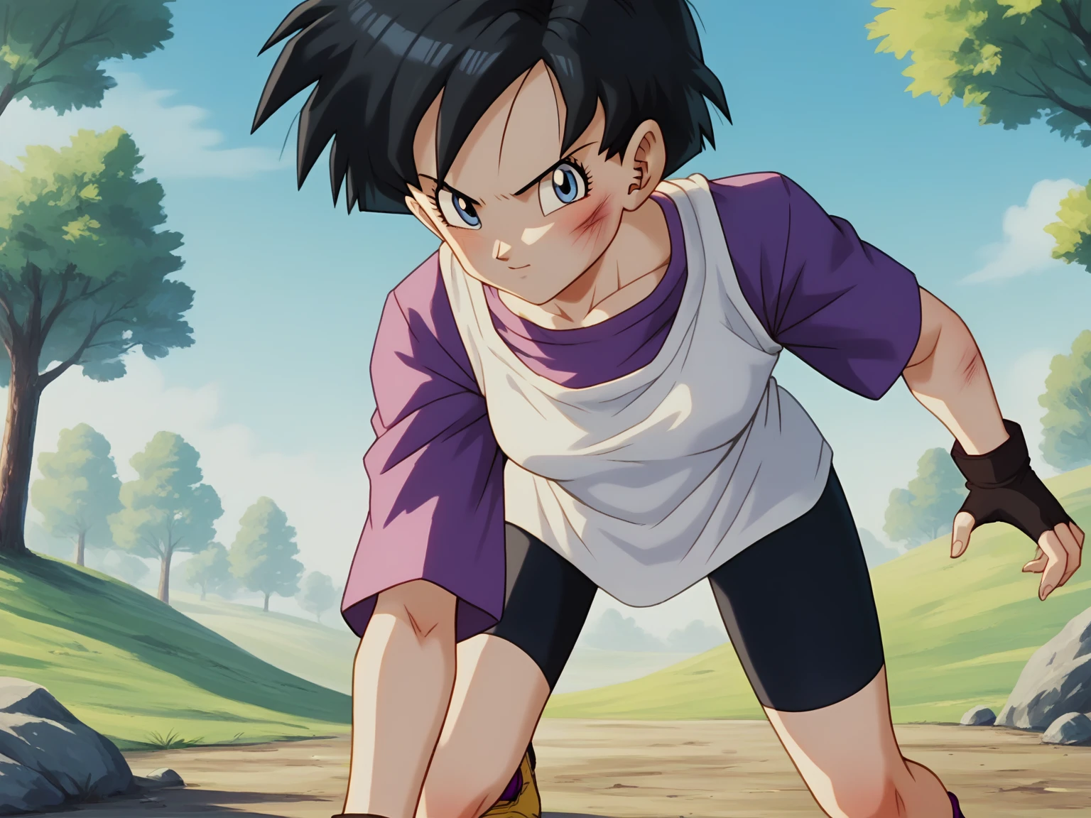 Videl, 1girl,  blue eyes, shadows,  blue eyes, short hair, spiked hair, white shirt, purple shirt,  masterpiece, best quality,  absurdres, perfect lighting, score_9,  score_8_up, score_7_up source_anime, fighting pose, fingerless gloves, bike shorts, open field, trees, rocks, looking at viewer, scratches, doggystyle, Showing her ass 