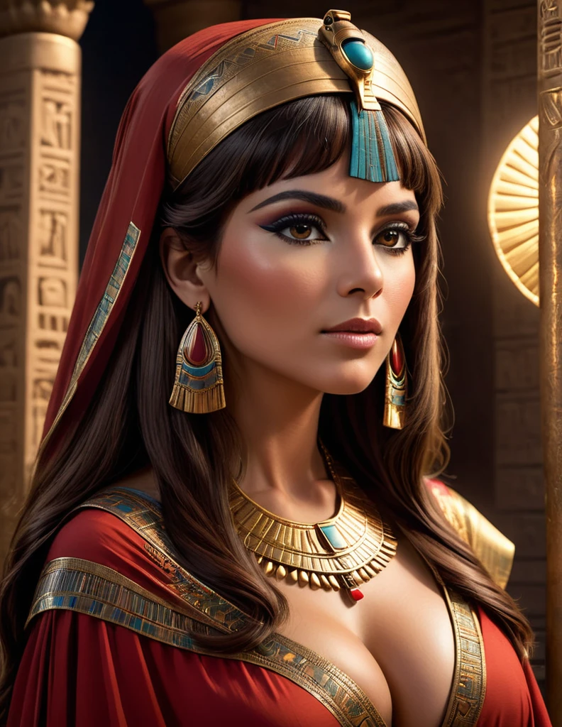 Cleopatra in her craft and her long light brown hair , 35 years of experience. His keen focus and intense gaze forward seem to pierce through the darkness of ancient Egypt, Revealing Hidden Truths and Mysteries. The intricate details of their traditional robes red and Brown are reproduced in stunning detail, while cinematic lighting adds a touch of drama to the scene. Esta imagem sobrenatural, Captured in 8K resolution, will leave you in awe of its beauty and depth elle a un maternelle 