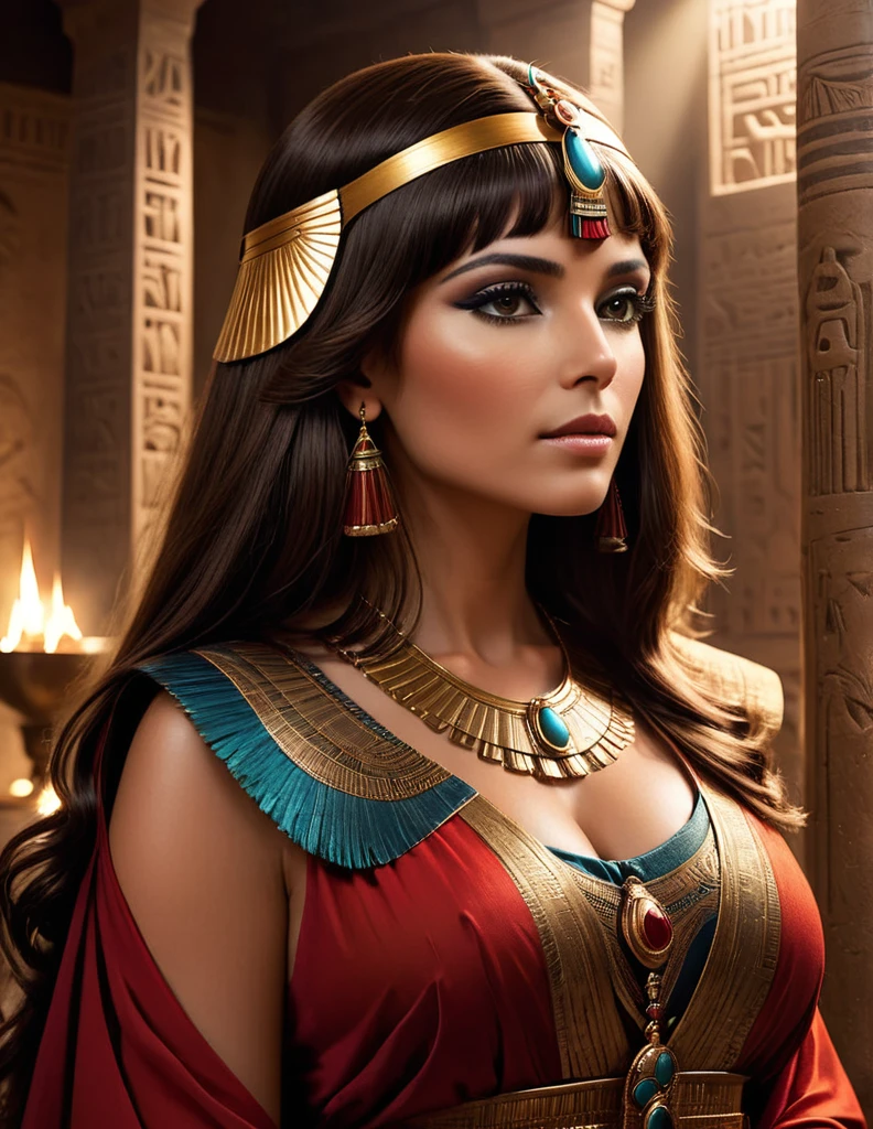 Cleopatra in her craft and her long light brown hair , 35 years of experience. His keen focus and intense gaze forward seem to pierce through the darkness of ancient Egypt, Revealing Hidden Truths and Mysteries. The intricate details of their traditional robes red and Brown are reproduced in stunning detail, while cinematic lighting adds a touch of drama to the scene. Esta imagem sobrenatural, Captured in 8K resolution, will leave you in awe of its beauty and depth elle a un maternelle 