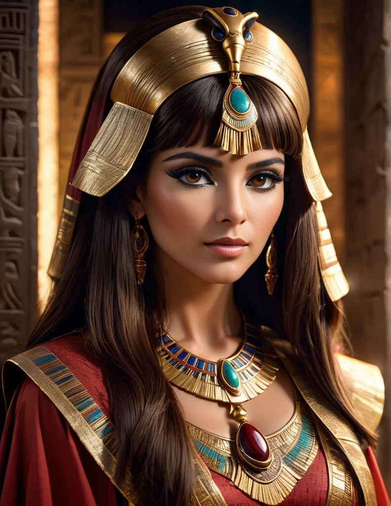 Cleopatra in her craft and her long light brown hair , 35 years of experience. His keen focus and intense gaze forward seem to pierce through the darkness of ancient Egypt, Revealing Hidden Truths and Mysteries. The intricate details of their traditional robes red and Brown are reproduced in stunning detail, while cinematic lighting adds a touch of drama to the scene. Esta imagem sobrenatural, Captured in 8K resolution, will leave you in awe of its beauty and depth elle a un maternelle 