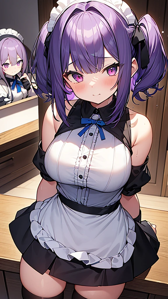 最high quality, high quality, Super detailed, 32k, Ultra-detailed details, 2 girls, With maid(only, The cute face of my little sister that I stole from her, beautiful purple hair, Beautiful purple eyes, Big Breasts, A light smile, Red eyes, Off-the-shoulder sleeveless Summer clothes, Summer casual maid clothes, Short skirt, Blue and white color striped underwear, Black knee socks, My crotch is wet with love juice, 18-year-old,cute),  Sister with her face peeled off(only, 13 years old, A grotesque face with the skin peeled off, Facial muscles are fully exposed, Chest is medium, , Lady), {{The maid had a terrible burn on her face and was lamenting it when her master&#39;s sister used her power to rip the face off and stick it onto the maid&#39;s face, taking on the sister&#39;s face.、The maid is happy and the sister is dead}}, The maid is a mature cute face and the sister has no face. The maid is standing., My sister sits in a chair, Brother witnesses the face-stealing incident, The maid is having sex with the face she stole from her sister., NSFW