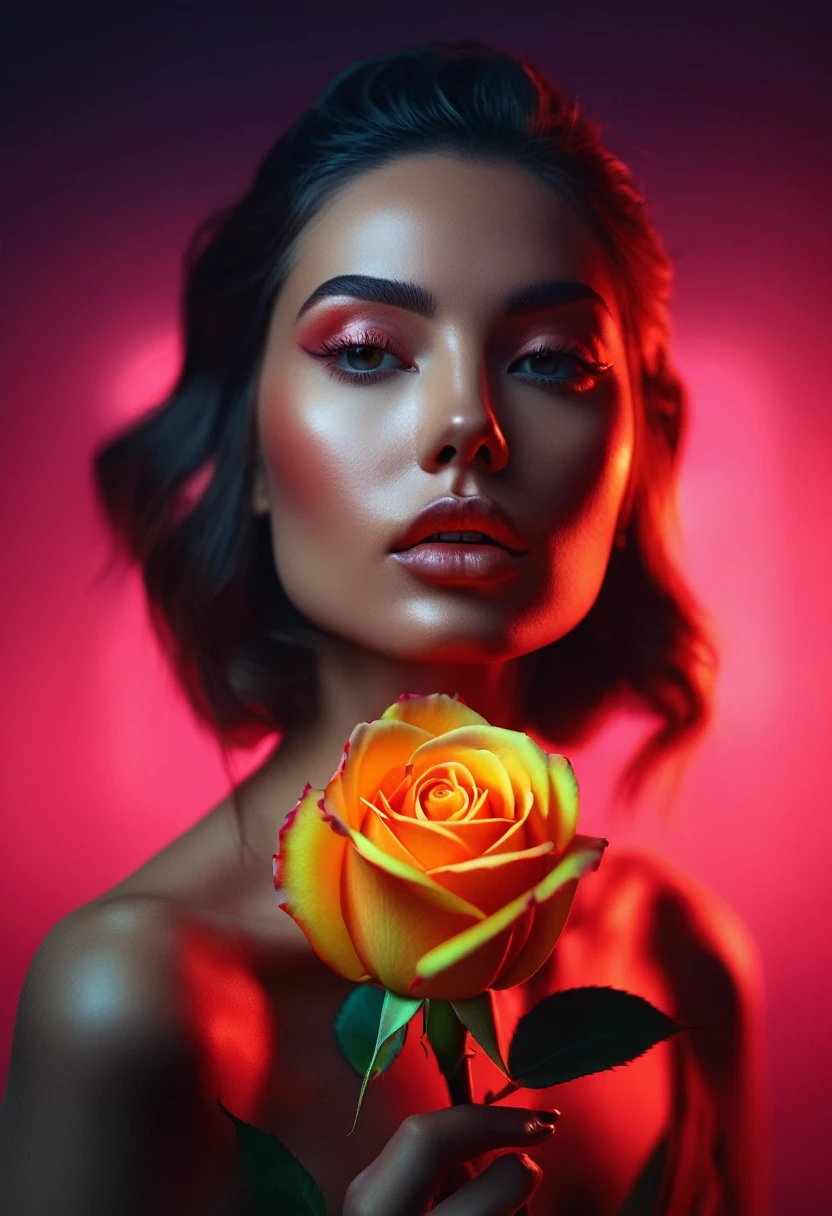 a woman with a neon rose on fire, flawless skin, whimsical photography style, photo captured by an Arriflex 35BL camera using Canon K25 prime lenses, cinematic, dramatic lighting, ultra clear, breathtaking surreal masterpiece. sensual pose