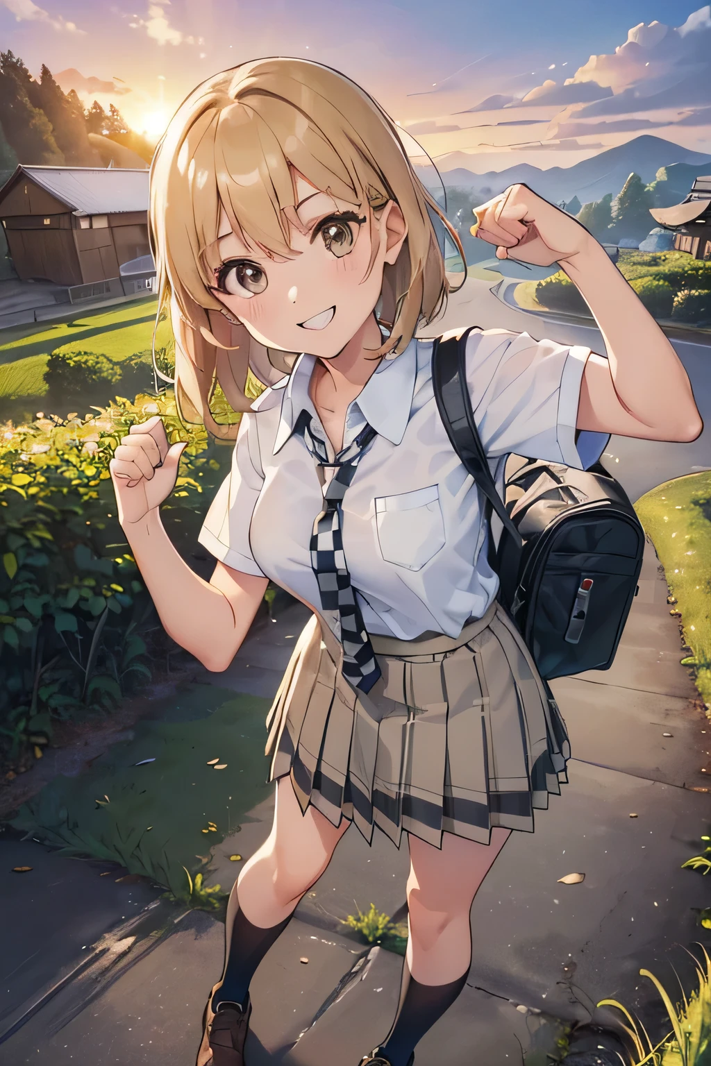 ((Highest quality, 4K, masterpiece: 1.3)), ((High Resolution)),((It's wonderful)),((Japan countryside:1.2)),((Japan countryside:1.2)),((Japan countryside:1.2)),((Japan countryside:1.2)),((Japanese mountain trails and rice terraces:1.2)),((Standing at the bus stop:1.2)),((Standing at the bus stop:1.2)),(Do not split frames),(Do not split),(Do not split),(sunset:1.2),(sunset:1.2),(sunset:1.2),(sunset:1.2),(One woman:1.8),(One woman:1.8),(One woman:1.8),(One woman:1.8),(One woman:1.8),((dutch angle shot:1.2)),((dutch angle shot:1.2)),((medium wide shot:1.2)),((medium wide shot:1.2)),((medium wide shot:1.2)),((upper body shot:1.2)),((upper body shot:1.2)),((upper body shot:1.2)),((upper body shot:1.2)),((shoot from above:1.2)),((shoot from above:1.2)),((school uniform, short sleeve shirt:1.2)),((school uniform, short sleeve shirt:1.2)),((school uniform, short sleeve shirt:1.2)),(tie:1.4),(tie:1.4),(tie:1.4),((Fluttering checkered skirt:1.2)),((Fluttering checkered skirt:1.2)),((Fluttering checkered skirt:1.2)),((Black ankle socks:1.3)),((Black ankle socks:1.3)),((Black ankle socks:1.3)),((Trekking shoes:1.2)),(School Bags),(School Bags),(School Bags),(School Bags),((Stand with your feet shoulder-width apart and your knees slightly bent:1.2)),((Stand with your feet shoulder-width apart and your knees slightly bent:1.2)),((Stand with your feet shoulder-width apart and your knees slightly bent:1.2)),((Stand with your feet shoulder-width apart and your knees slightly bent:1.2)),((Stand with your feet shoulder-width apart and your knees slightly bent:1.2)),((face focus:1.4)),((face focus:1.4)),((face focus:1.4)),((face focus:1.4)),((model posing:1.2)),((model posing:1.2)),((model posing:1.2)),((model posing:1.2)),((model posing:1.2)),((model posing:1.2)),(A cool expression in the wind:1.2),(A cool expression in the wind:1.2),(A cool expression in the wind:1.2),((A big smile:1.2)),((A big smile:1.2)),((fist bump:1.4)),((fist bump:1.4)),((fist bump:1.4)),(shoot from side),((Light brown eyes:1.2)),((Light brown eyes:1.2)),((Beautiful highlighted eyes)),((Light brown eyes:1.2)),((Light brown eyes:1.2)),((Beautiful highlighted eyes)),((Light brown eyes:1.2)),((Beautiful highlighted eyes)),((Light brown eyes:1.2)),((Shiny black hair:1.4)),((Shiny black hair:1.4)),((Shiny black hair:1.4)),((Fluffy short bob:1.2)),((Fluffy short bob:1.2)),((Fluffy short bob:1.2)),((Fluffy short bob:1.2)),((Parted bangs)),((Parted bangs)),(Beautiful breasts),Japanese women, 14 years old gravure photo, High Contrast, Aperture F3.2, Focal length 100mm, (((peace sign))),wakame, wakame, wakame, wakame, wakame, wakame, wakame, wakame, wakame, wakame, wakame, wakame, wakame, wakame, wakame, wakame, wakame, wakame, wakame, wakame, wakame, wakame, wakame, wakame, wakame 
