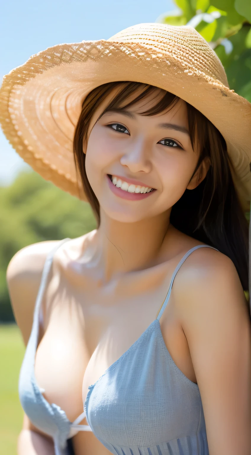masterpiece,best quality,(Japanese ),((Beautiful girl)),cleavage,(perfect body beauty:1.2),(shy smile),beautiful teeth,(straw hat),(in the park),