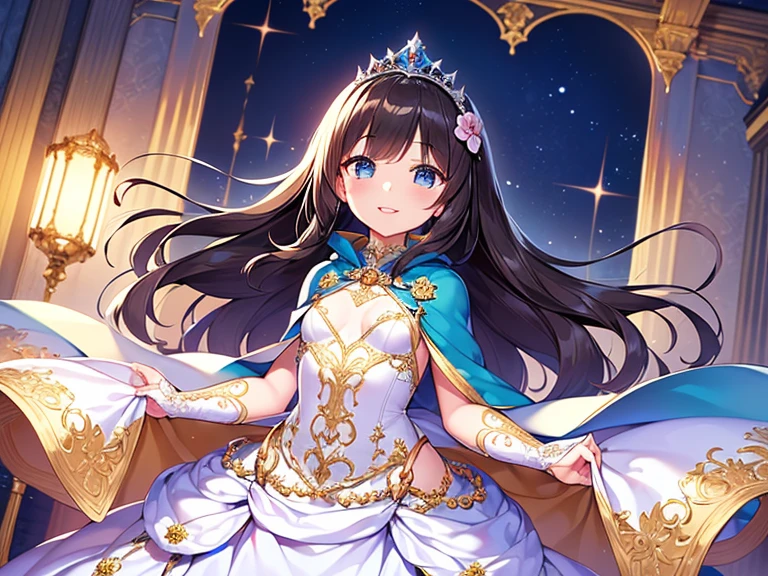 looking at viewer,(kawaii),(best quality),(ultra detailed),(rococo style),(long train blue cape:1.15), very long cape,(long train white ball gown with flower decorations:1.1), a girl is wearing a cape over her gown, 1 little princess, tiara, smile, very long hair, small breasts, beautiful detailed eyes, beautiful detailed lips