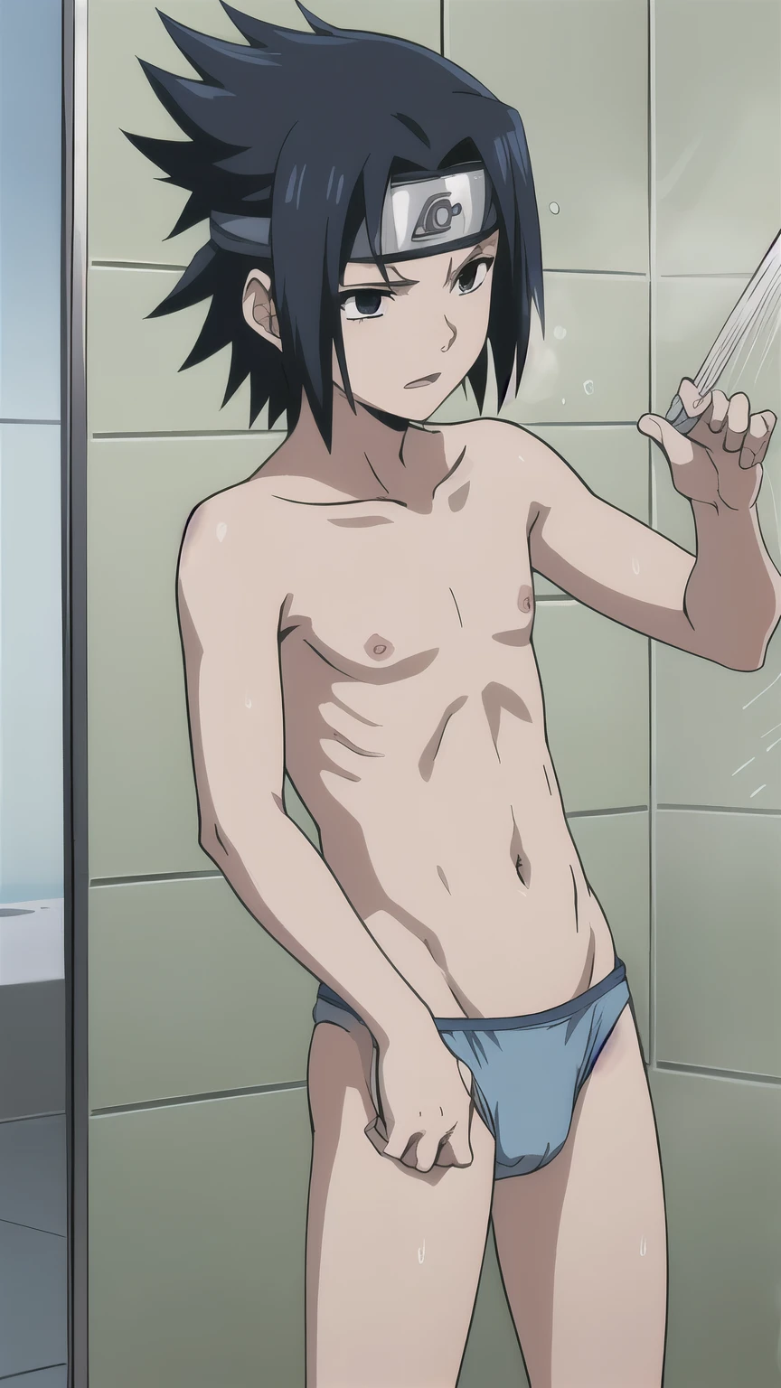 Sasuke, topless, blue briefs, showering, 12-year-old boys,