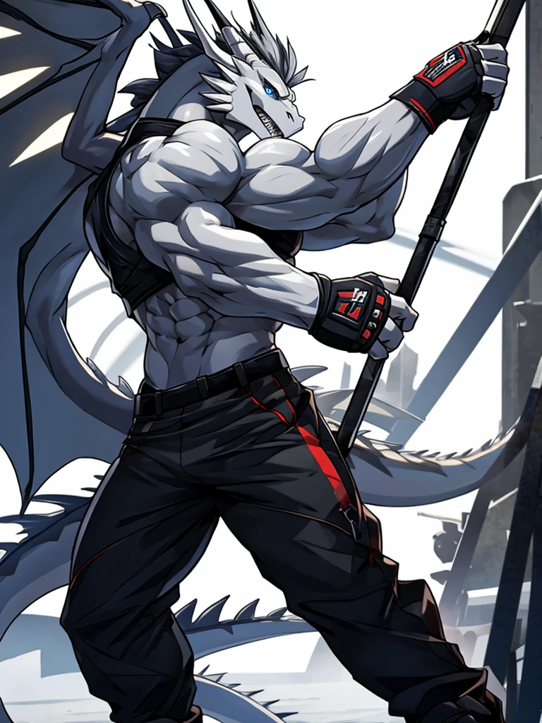  Black and white dragon, muscular body, Blue eyes, Medium Length Gray Hair, combat gloves, Combat pants, Furious, Looks good in the ring 