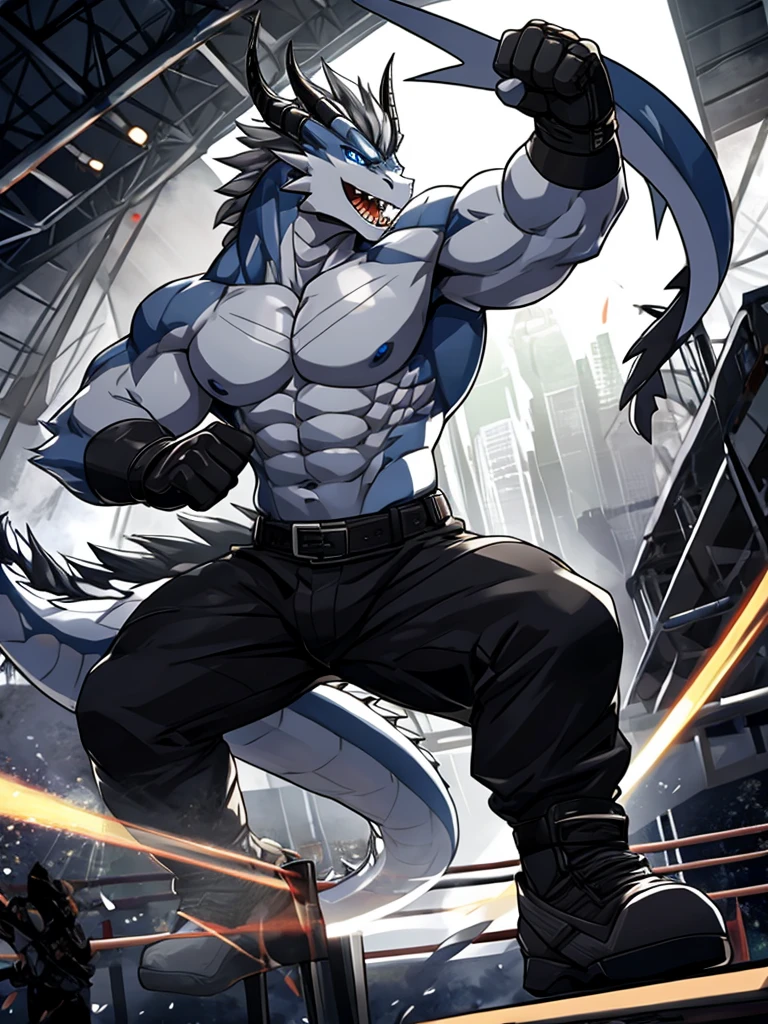 Black and white dragon, muscular body, Blue eyes, Medium Length Gray Hair, combat gloves, Combat pants, Furious, Looks good in the ring