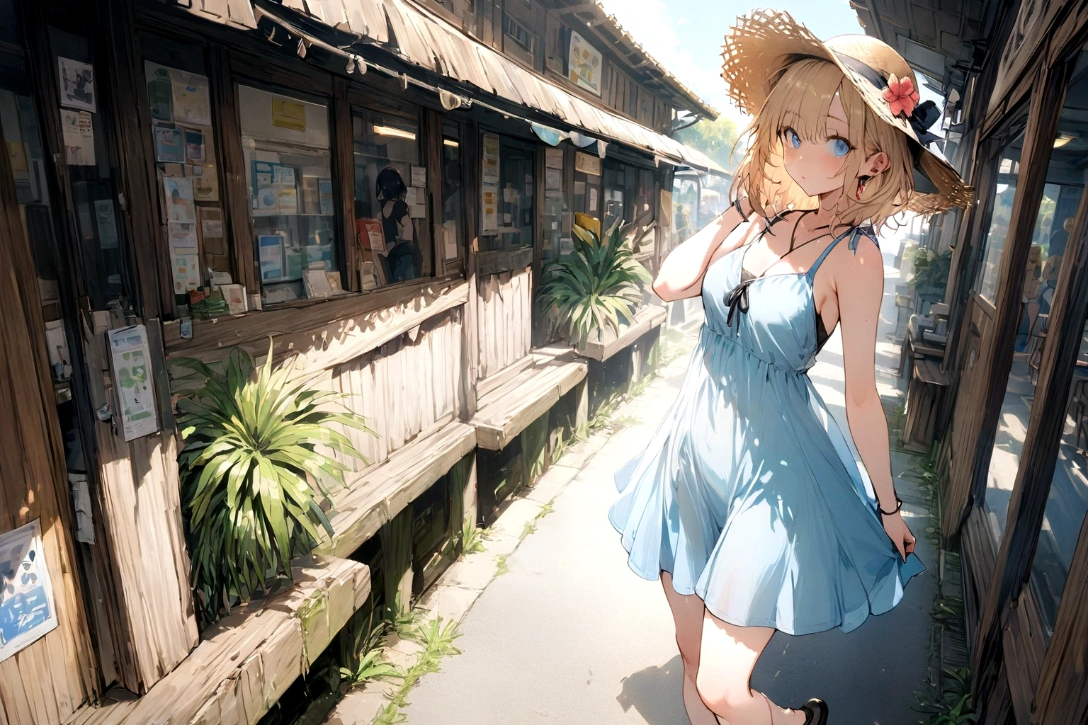 (masterpiece), 1girl, pale skin, blonde hair, short hair, blue eyes, full body, sunlight, clear sky, summer, In front of the station, blue sundress, straw hat, 