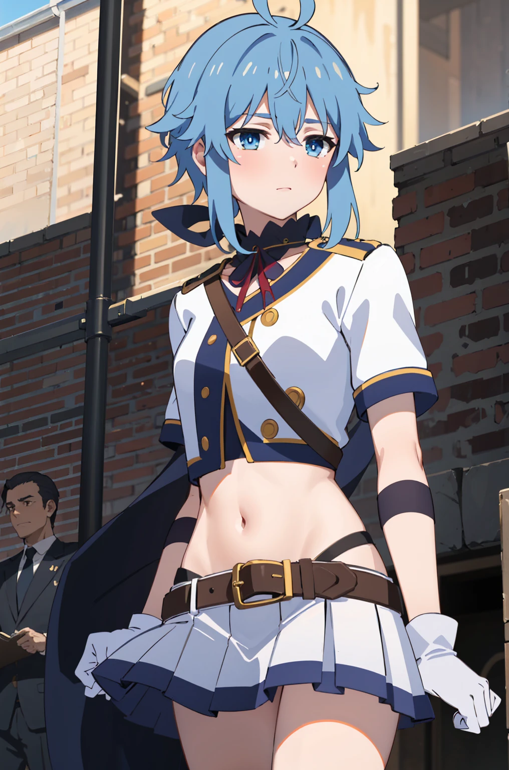 best quality, (masterpiece:1.2), detailed, middle Ages,
about=Rayford,
1 girl, alone, Keep your mouth shut,
short hair long hair, blue hair, ponytail, blue eyes, red belt, side lock, ahog,
Uniforms, sling, blue shawl, White shirt, blue collar, collar, mini skirt, white skirt, navel, Gloves,
Permanently installed, looking at the audience,(((She lifted her shirt, Reveal under her bra))).(grabbing the breasts:1.4),Breasts squeezed together,
outdoor, castle