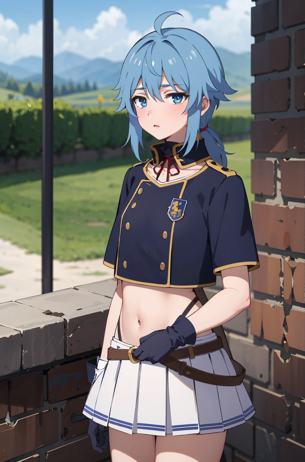 best quality, (masterpiece:1.2), detailed, middle Ages,
about=Rayford,
1 girl, alone, Keep your mouth shut,
short hair long hair, blue hair, ponytail, blue eyes, red belt, side lock, ahog,
Uniforms, sling, blue shawl, White shirt, blue collar, collar, mini skirt, white skirt, navel, Gloves,
Permanently installed, looking at the audience,
outdoor, castle