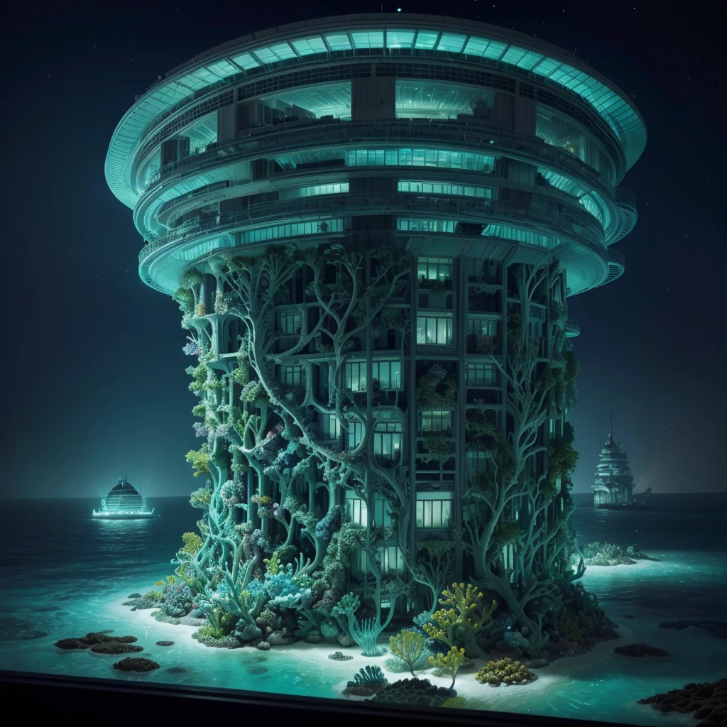 A detailed aerial view of an underwater Reptilian city, with organic and fluid structures constructed of reinforced coral, bioluminescent ceramics and energetic algae. Integrating harmoniously into the marine environment, the buildings have spiral shapes and clear glass windows that reveal the colorful marine life around them. Highlight for the Underwater Center, a bright coral dome with water gardens and climate control systems, where sea creatures swim freely among bioluminescent constructions. The city is protected by energetic impact-absorbing algal barriers and high-pressure water cannons installed in strategic towers to defend against underwater threats.."