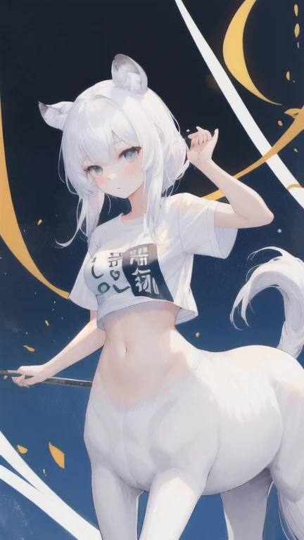 (best quality, masterpiece), 1 girl, centaur, It takes, belly button t-shirt, 아름다운 소녀 perfect white tiger photo, perfect white tiger photo